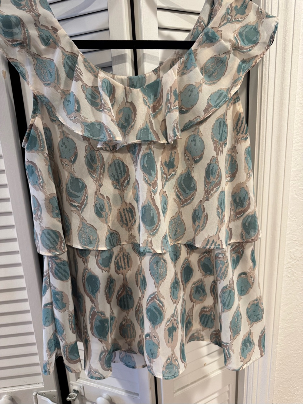 Moschino Teal and Cream Ruffled Tiered Sleeveless Blouse